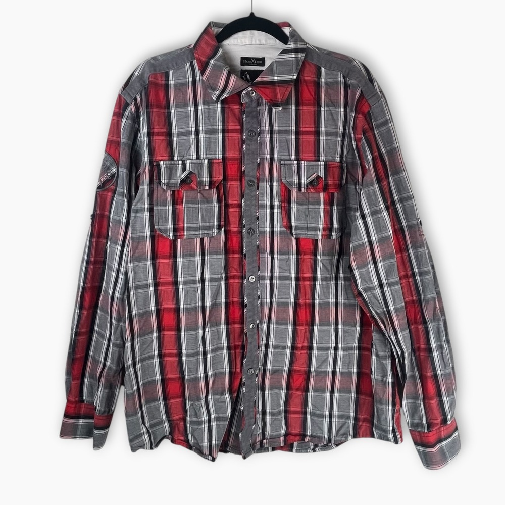 Marc Ecko Cut & Sew Mens XL Red Black Plaid Button Down Shirt Long Sleeve Patch